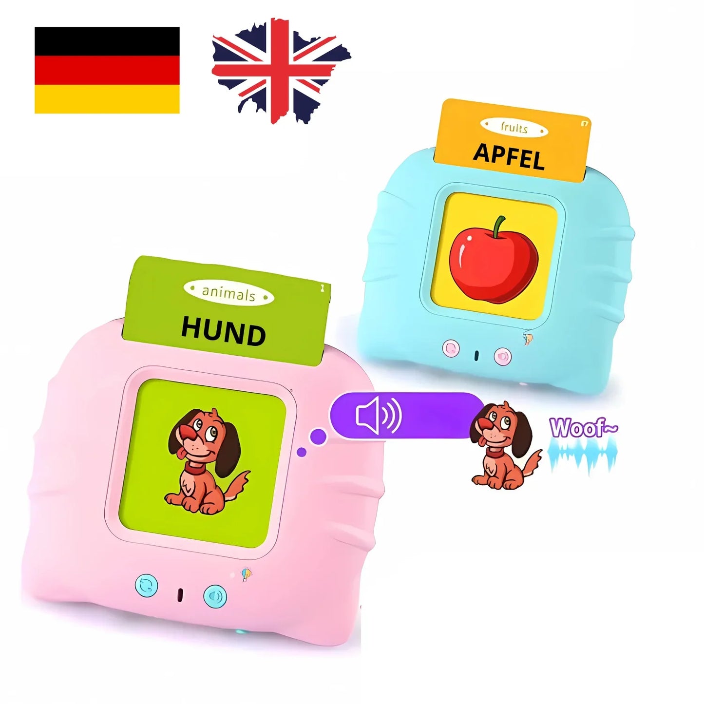Aparat logopedic interactiv Kinderspeech pentru învățarea cuvintelor, carduri cu animale și fructe în germană și engleză, dezvoltarea vorbirii pentru copii.