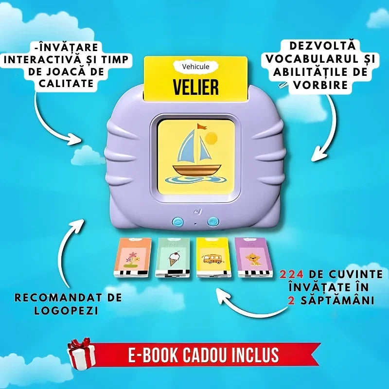 Joc educativ KinderSpeech cu carduri pentru dezvoltarea vocabularului – categorie vehicule, velier, învățare interactivă pentru copii