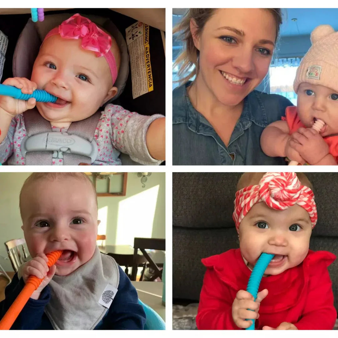 Colaj de fotografii tip UGC prezentând bebeluși fericiți utilizând tuburile senzoriale de dentiție Kinderspeech, realizate din silicon alimentar moale și texturat pentru a calma gingiile inflamate și a stimula explorarea senzorială