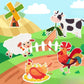 Ilustrație colorată din cartea senzorială Kinderspeech „Az én első farmom”, prezentând elemente tactile interactive precum o morișcă de vânt, o vacă, o oaie și păsări de curte, concepute pentru a stimula învățarea prin joc și explorare senzorială