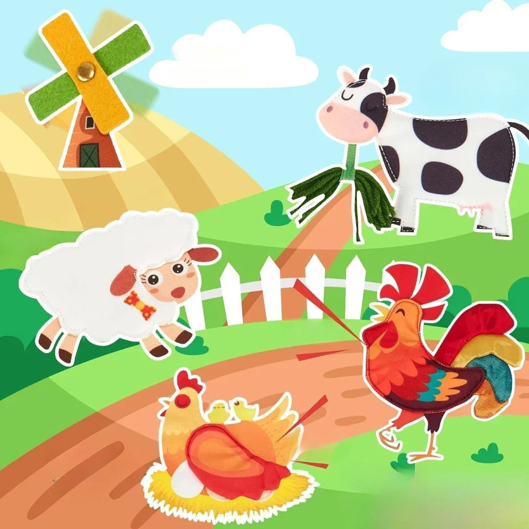 Ilustrație colorată din cartea senzorială Kinderspeech „Az én első farmom”, prezentând elemente tactile interactive precum o morișcă de vânt, o vacă, o oaie și păsări de curte, concepute pentru a stimula învățarea prin joc și explorare senzorială