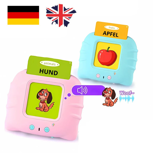 Aparat logopedic interactiv Kinderspeech pentru învățarea cuvintelor, carduri cu animale și fructe în germană și engleză, dezvoltarea vorbirii pentru copii.