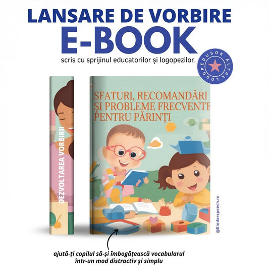 E-book Kinderspeech „Lansare de Vorbire”, un ghid practic scris cu sprijinul logopezilor, oferind sfaturi și recomandări pentru părinți pentru a ajuta la dezvoltarea limbajului și îmbogățirea vocabularului copiilor
