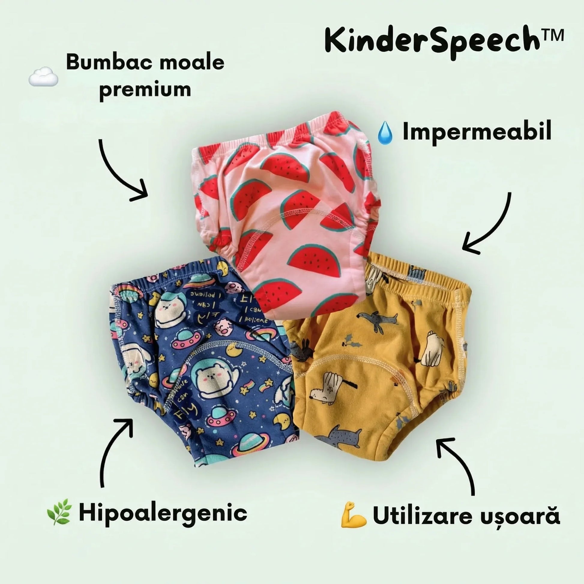 Chiloței de antrenament Kinderspeech din bumbac moale premium, impermeabili, hipoalergenici și cu utilizare ușoară pentru copii