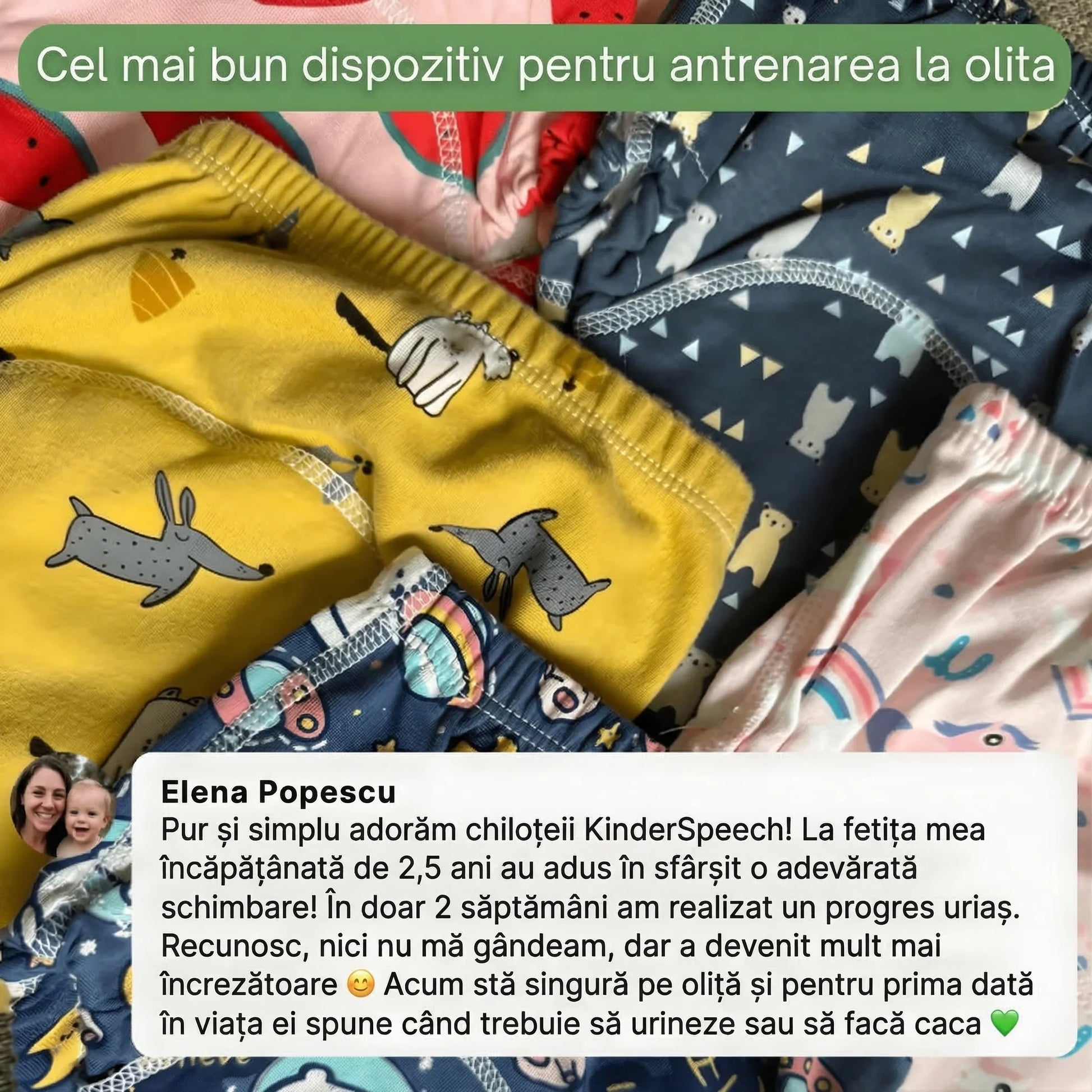 Recenzie Elena Popescu despre chiloțeii de antrenament la oliță Kinderspeech, cel mai bun dispozitiv pentru învățarea mersului la toaletă și progres rapid în 2 săptămâni