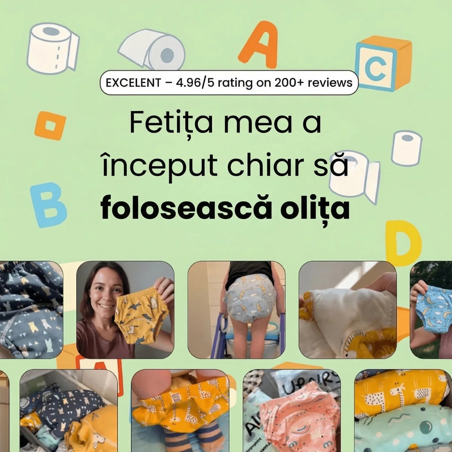 Recenzie pozitivă Kinderspeech despre succesul învățării la oliță, rating 4.96/5 bazat pe peste 200 de păreri, chiloței de antrenament colorați pentru copii