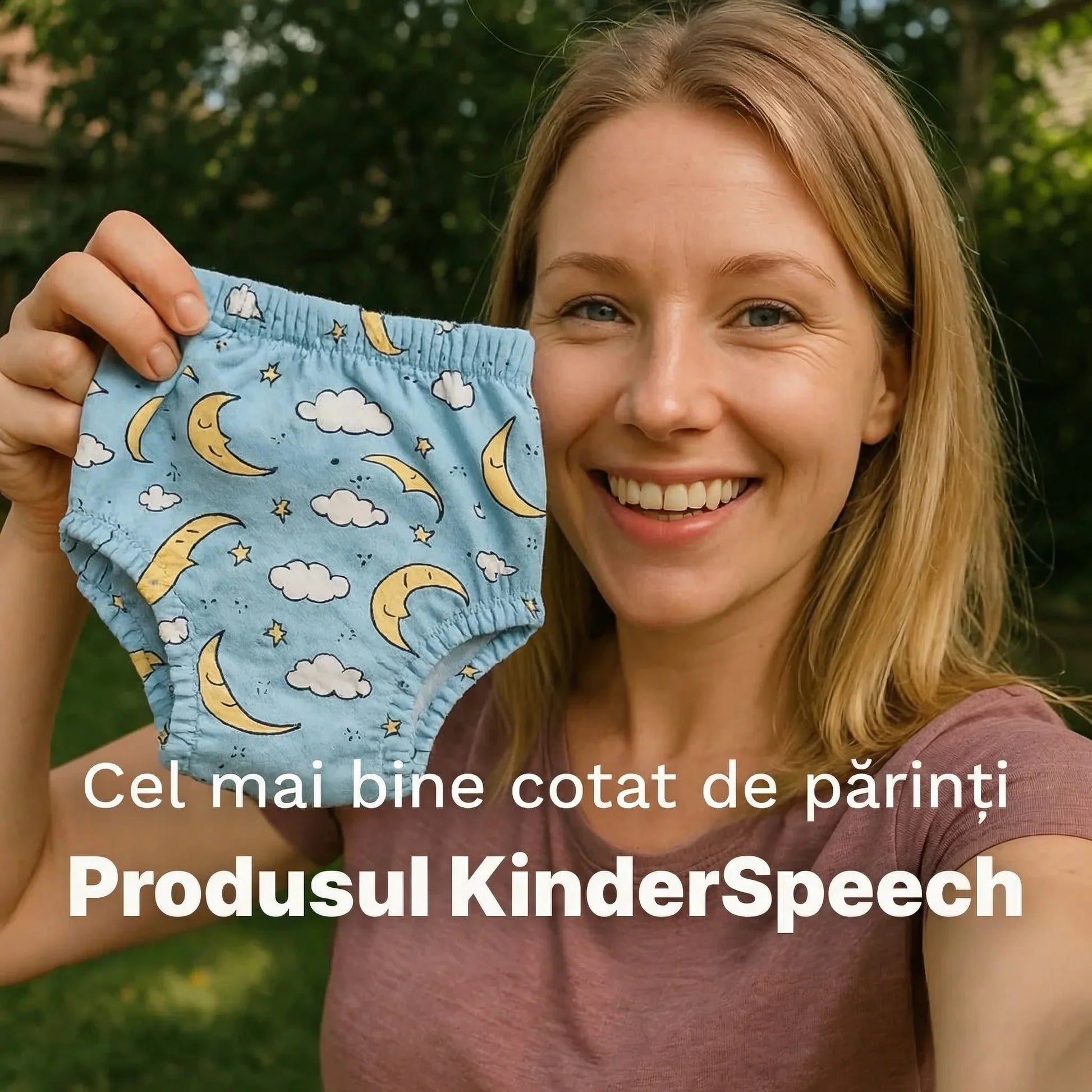 Mamă zâmbitoare prezentând un produs Kinderspeech, cel mai bine cotat de părinți pentru îngrijirea și dezvoltarea copiilor