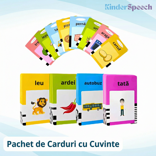 Pachet de carduri educaționale Kinderspeech pentru dezvoltarea vocabularului, ilustrații cu animale, legume și obiecte pentru logopedie și învățarea limbii române